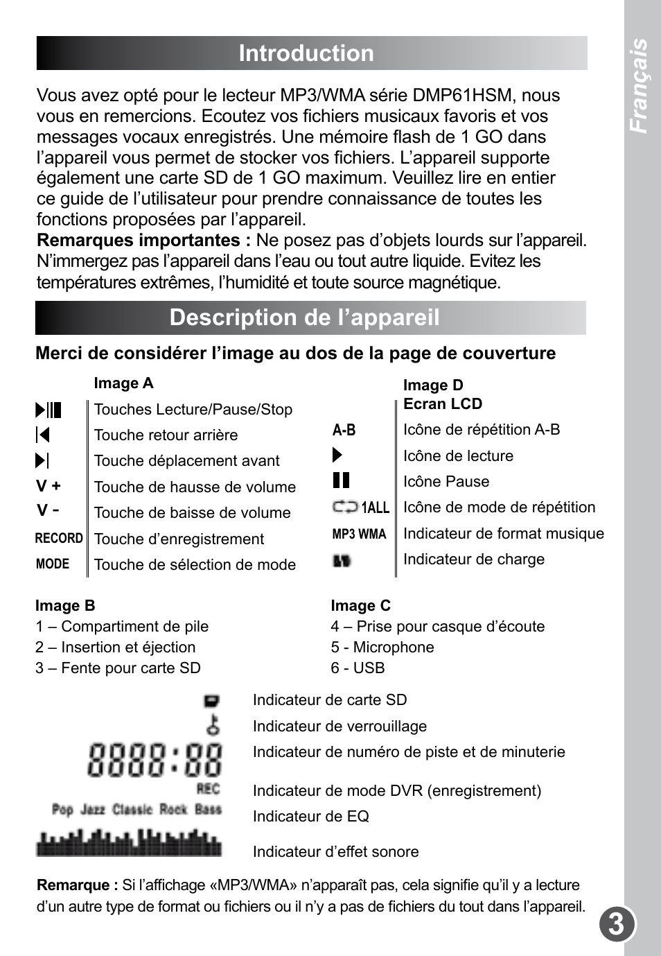 Introduction, Description de l’appareil, Français | Lexibook DMP61HSM User Manual | Page 3 / 44