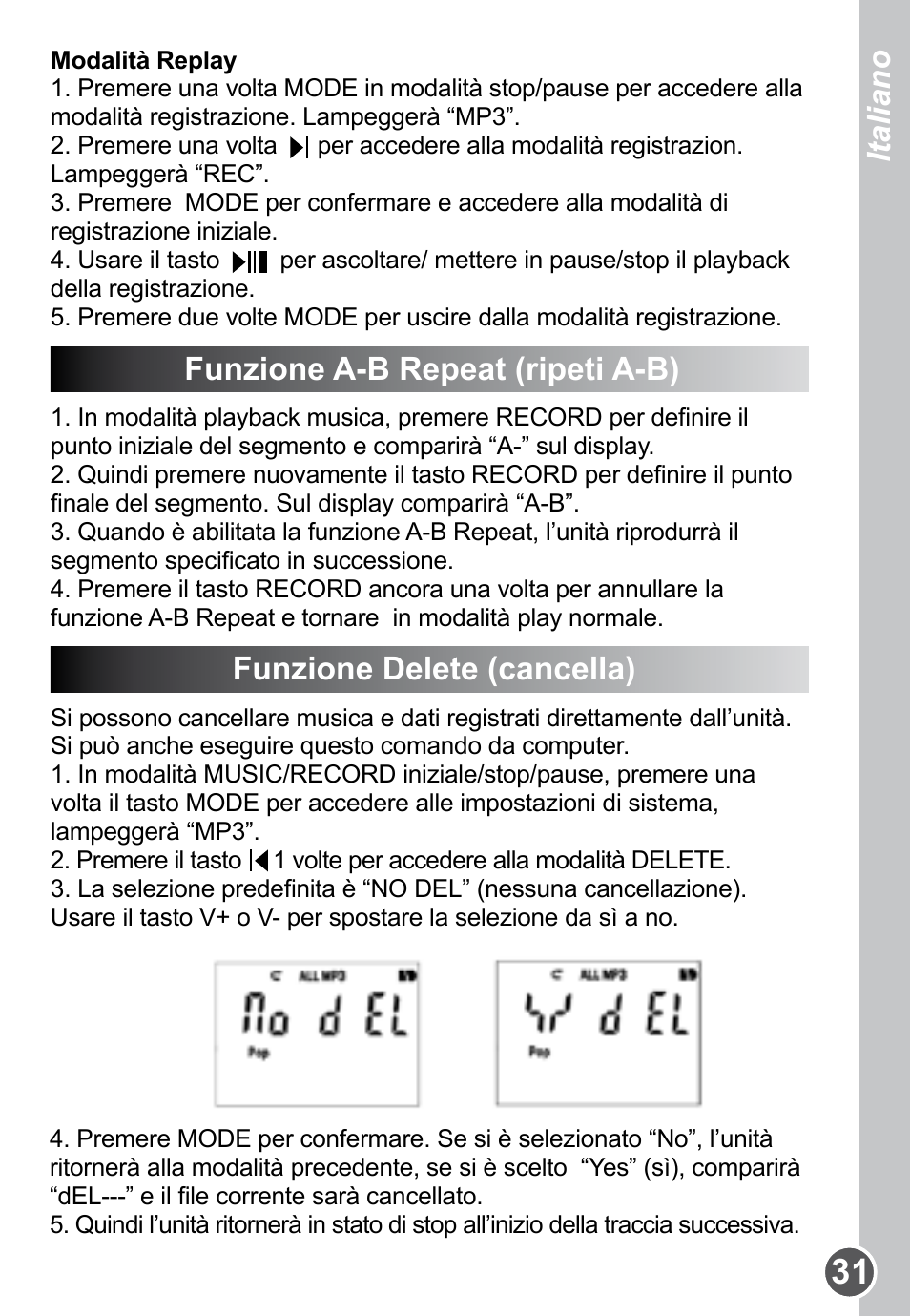 Funzione a-b repeat (ripeti a-b), Funzione delete (cancella), Italiano | Lexibook DMP61HSM User Manual | Page 31 / 44