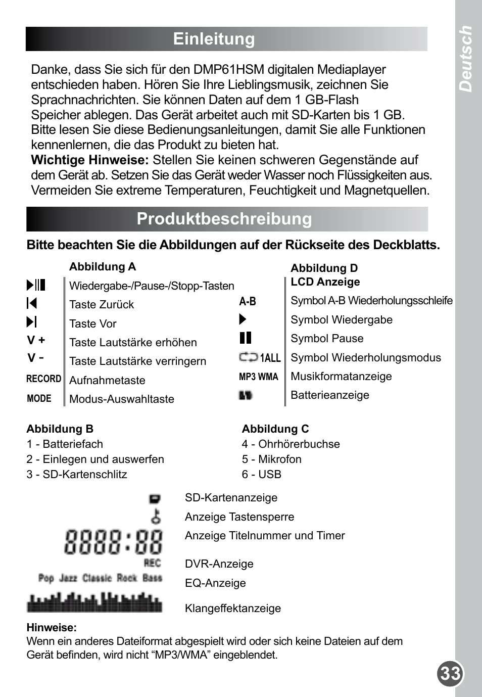 Einleitung, Produktbeschreibung, Deutsch italiano | Lexibook DMP61HSM User Manual | Page 33 / 44