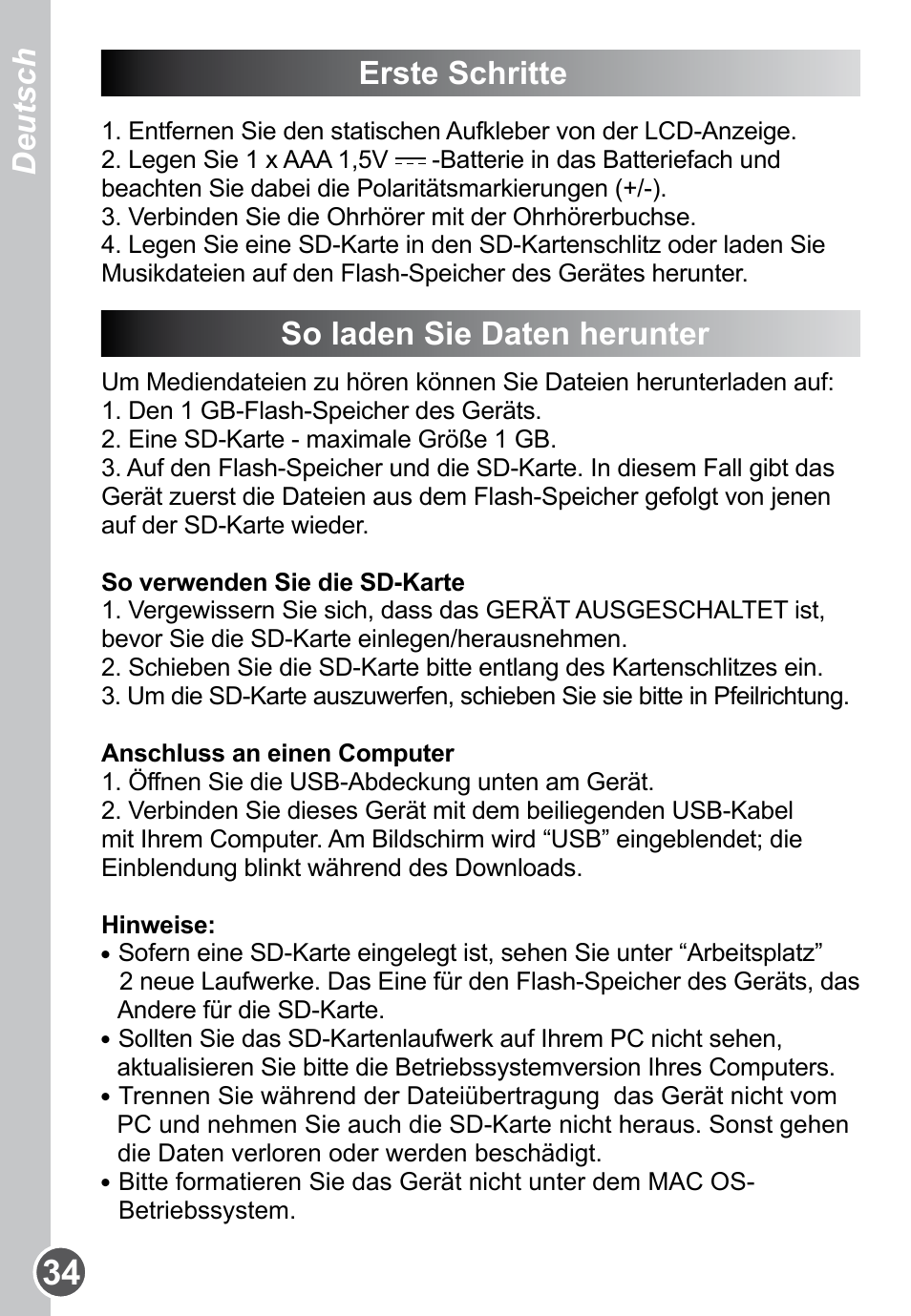 Erste schritte, So laden sie daten herunter, Deutsch | Lexibook DMP61HSM User Manual | Page 34 / 44