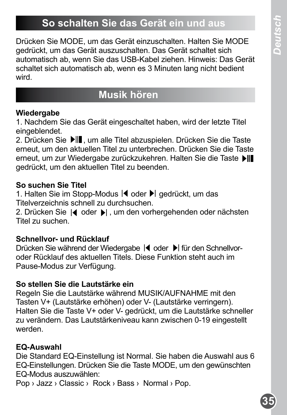 So schalten sie das gerät ein und aus, Musik hören, Deutsch | Lexibook DMP61HSM User Manual | Page 35 / 44