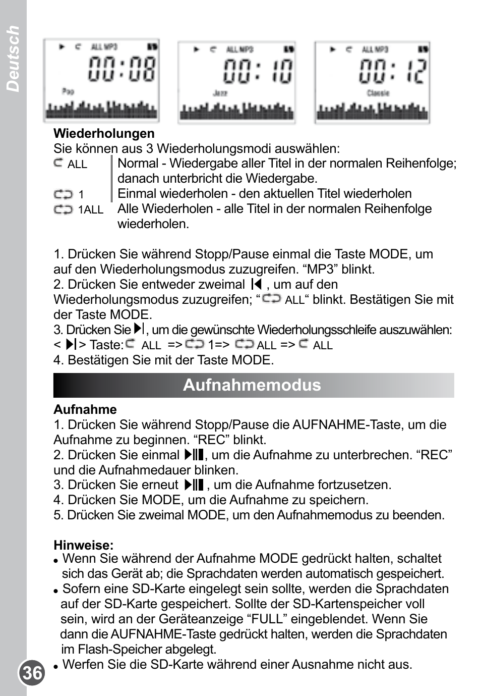 Deutsch | Lexibook DMP61HSM User Manual | Page 36 / 44