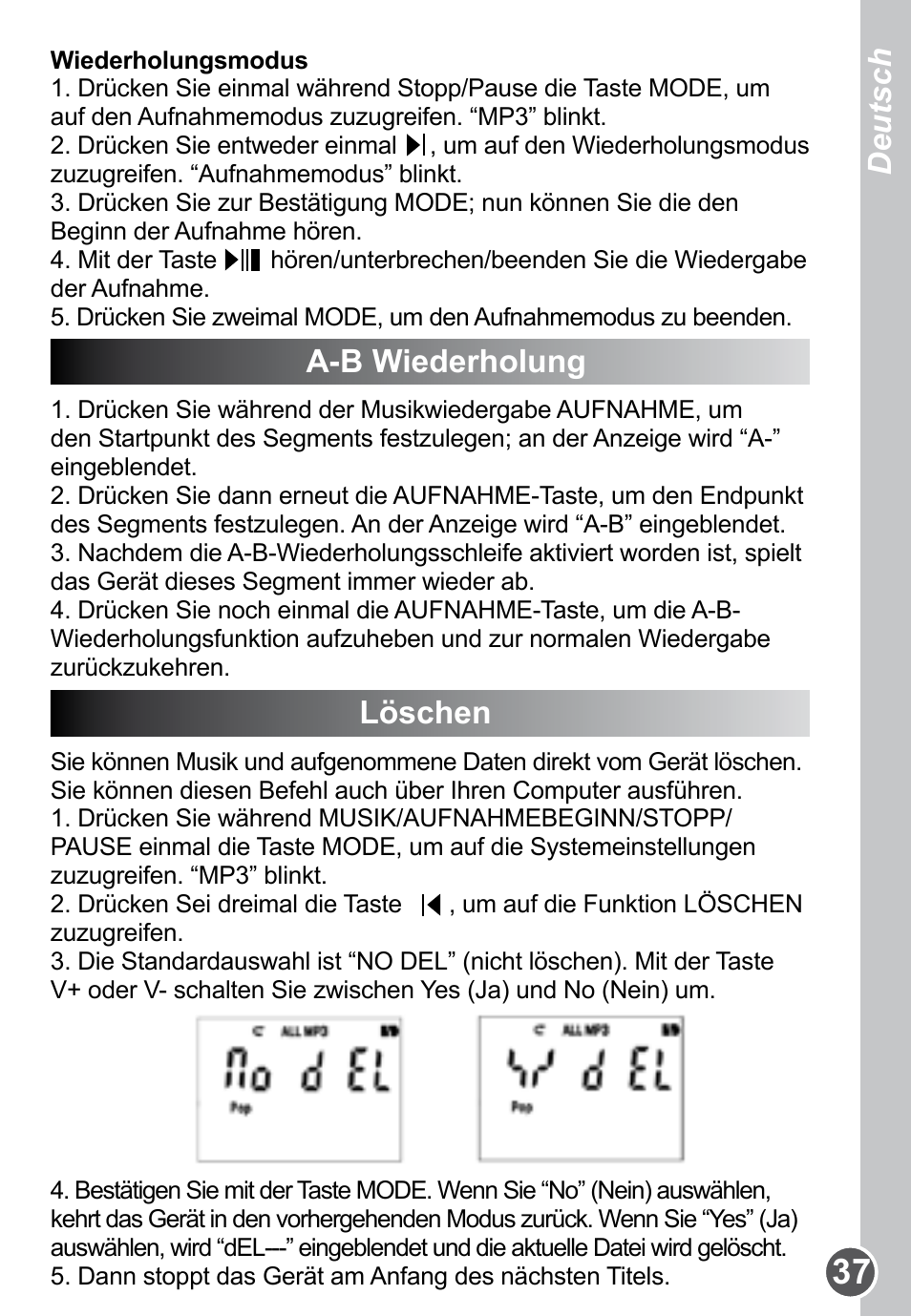 A-b wiederholung, Löschen, Deutsch | Lexibook DMP61HSM User Manual | Page 37 / 44