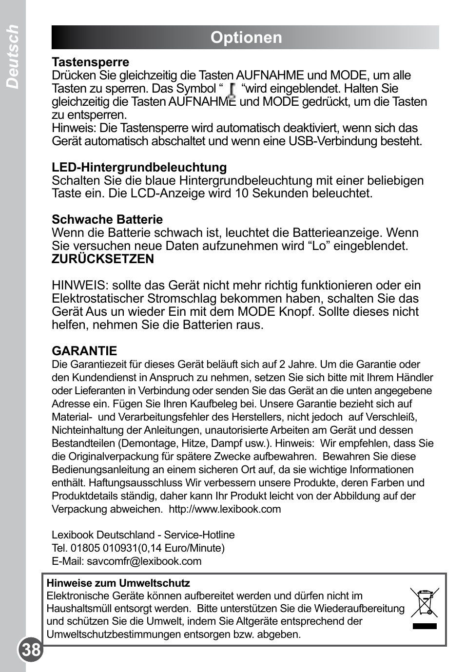 Optionen, Nederlands deutsch | Lexibook DMP61HSM User Manual | Page 38 / 44