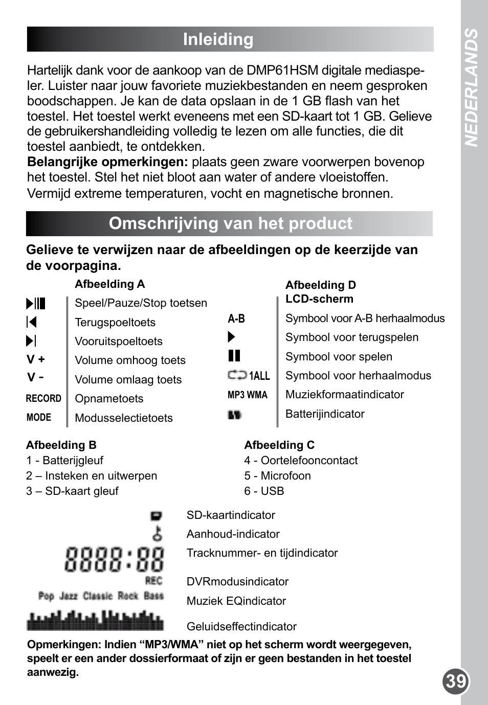 Nederlands deutsch, Inleiding, Omschrijving van het product | Lexibook DMP61HSM User Manual | Page 39 / 44