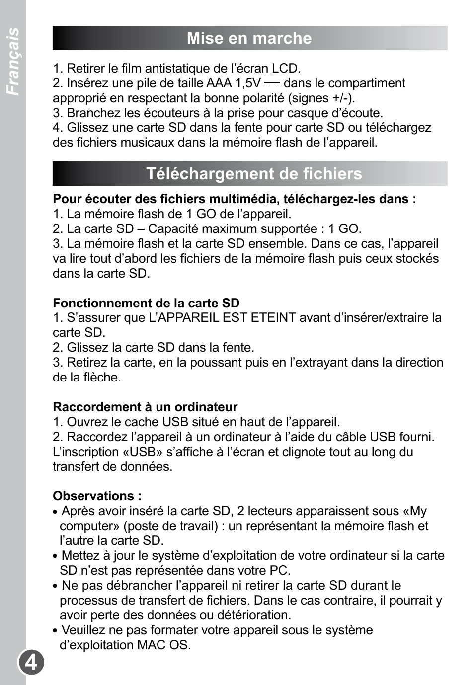 Mise en marche, Téléchargement de fichiers, Français | Lexibook DMP61HSM User Manual | Page 4 / 44