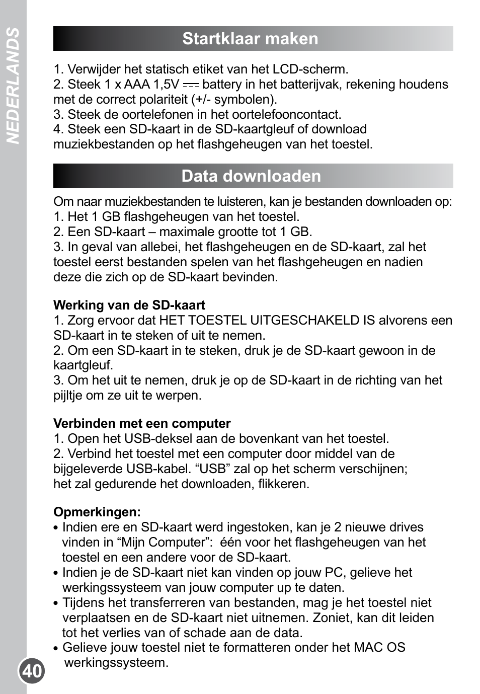Startklaar maken, Data downloaden, Nederlands | Lexibook DMP61HSM User Manual | Page 40 / 44