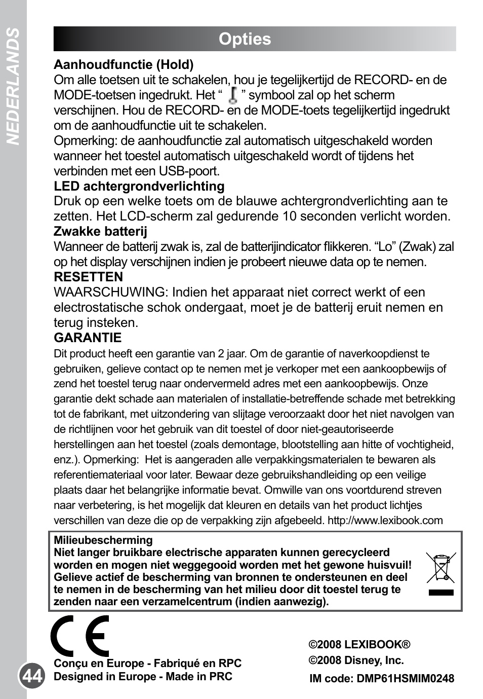 Opties, Nederlands | Lexibook DMP61HSM User Manual | Page 44 / 44