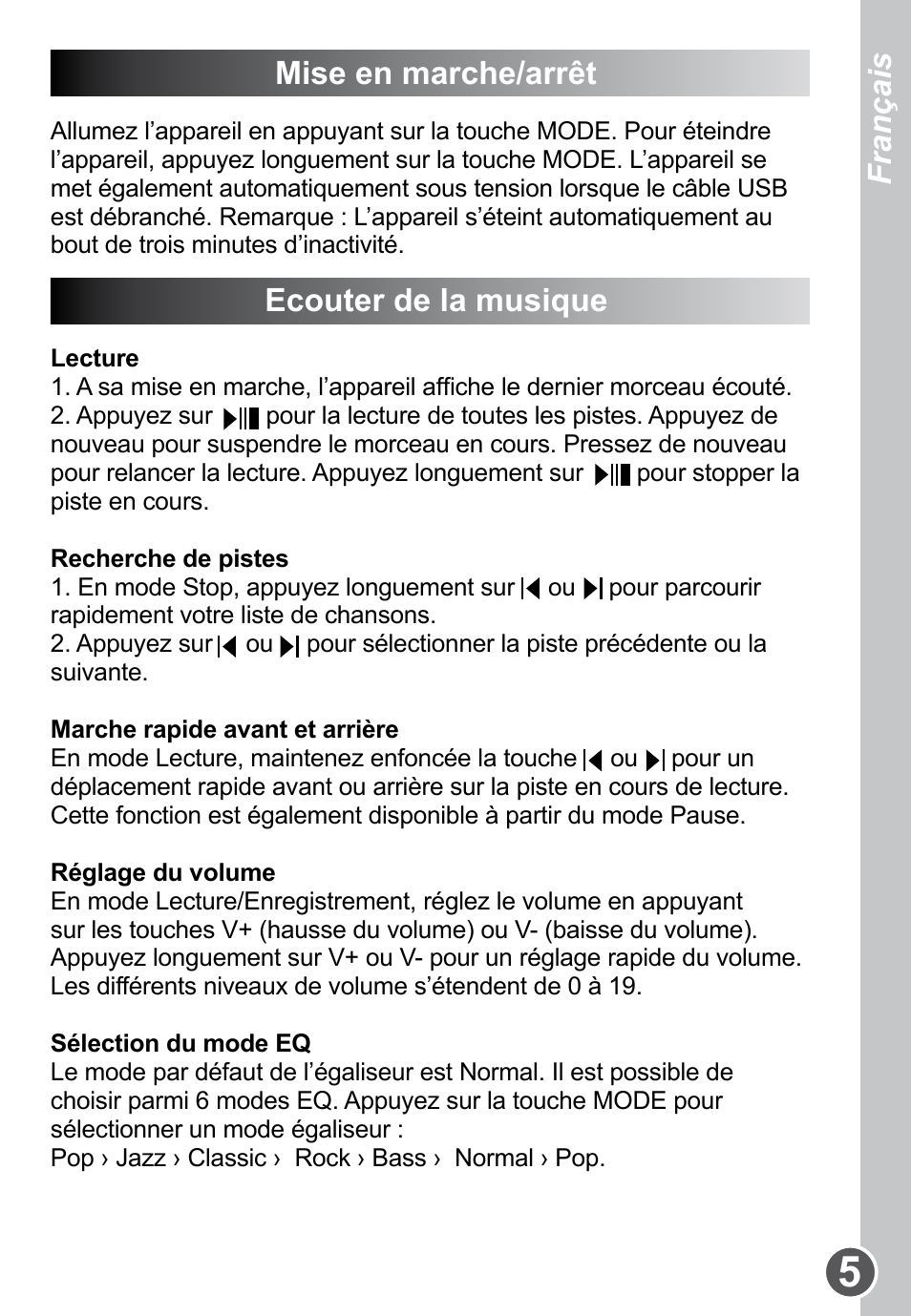 Mise en marche/arrêt, Ecouter de la musique, Français | Lexibook DMP61HSM User Manual | Page 5 / 44