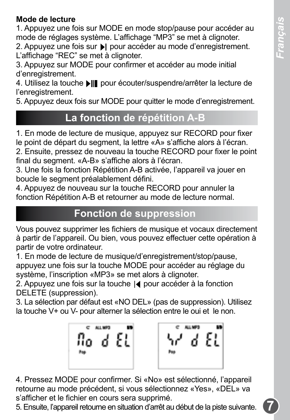 La fonction de répétition a-b, Fonction de suppression français français | Lexibook DMP61HSM User Manual | Page 7 / 44