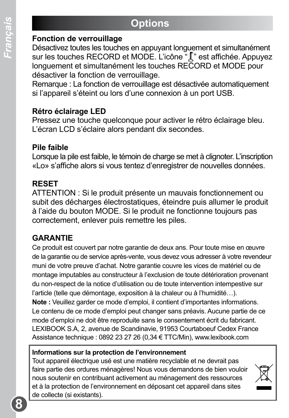 English français, Options | Lexibook DMP61HSM User Manual | Page 8 / 44