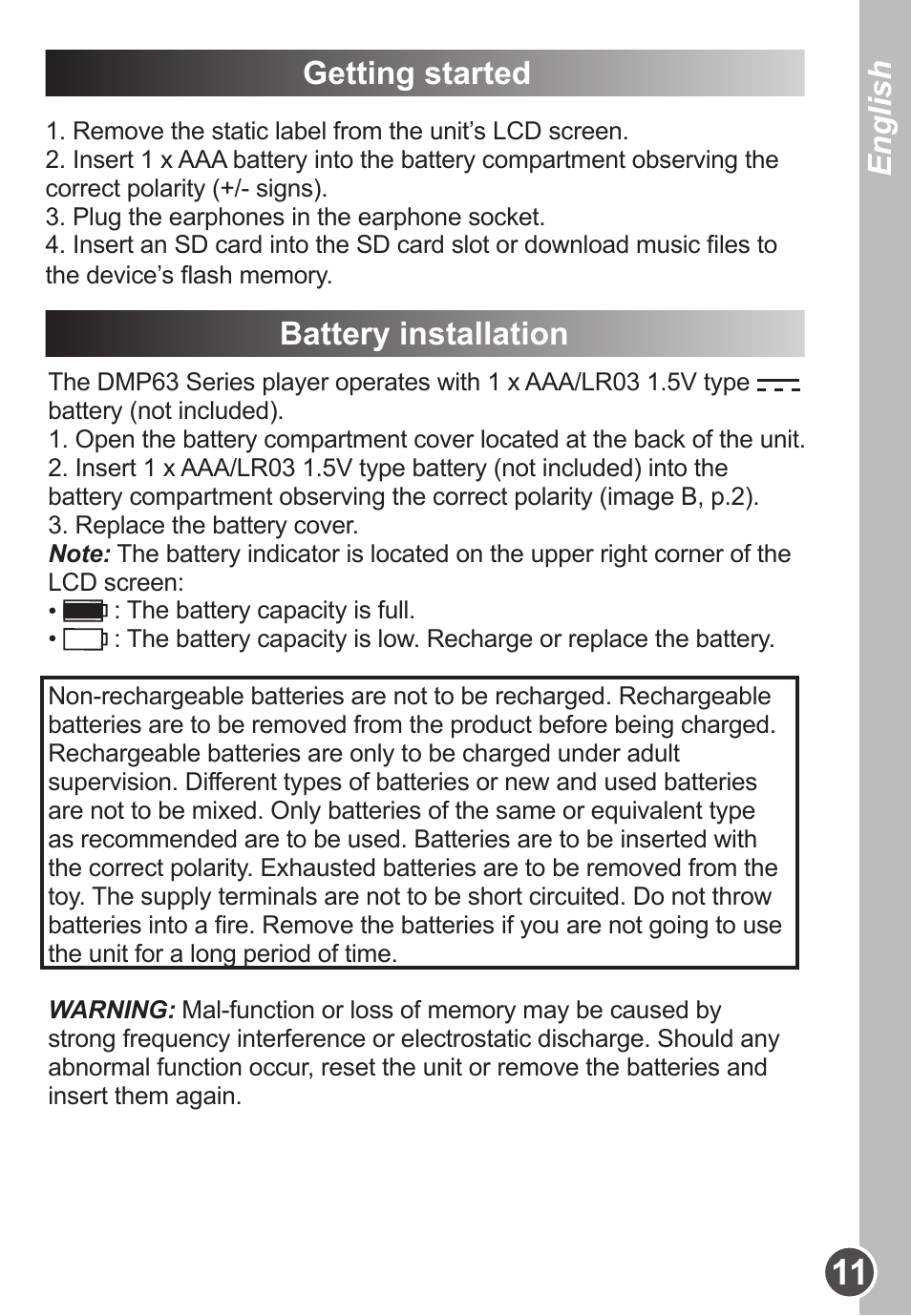 English, Getting started, Battery installation | Lexibook DMP63BB User Manual | Page 11 / 51