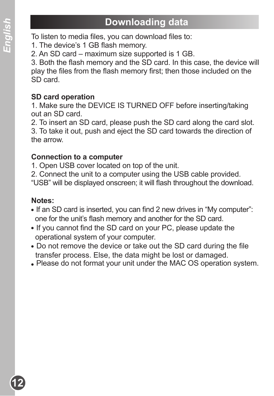 English, Downloading data | Lexibook DMP63BB User Manual | Page 12 / 51