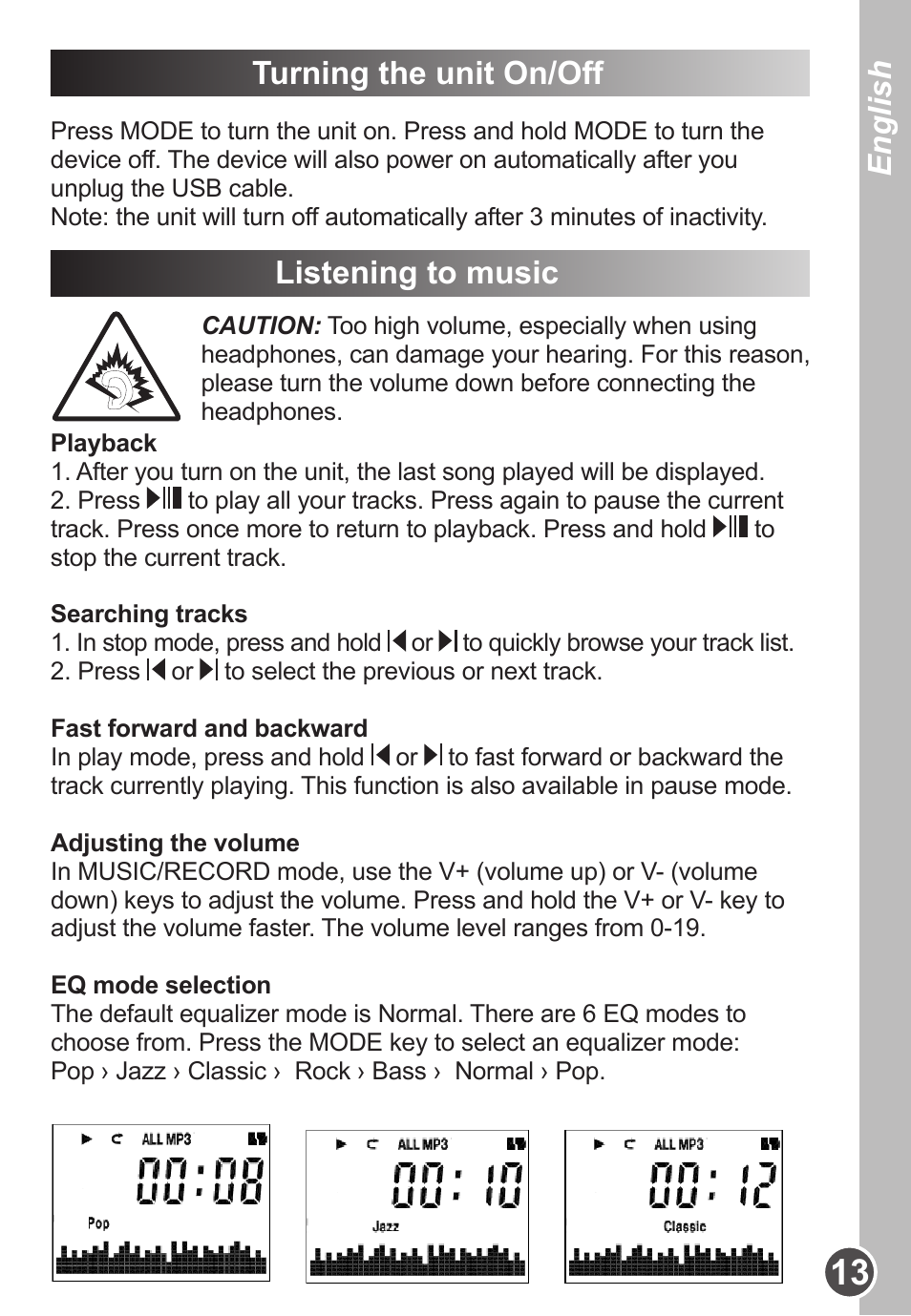 English, Turning the unit on/off, Listening to music | Lexibook DMP63BB User Manual | Page 13 / 51