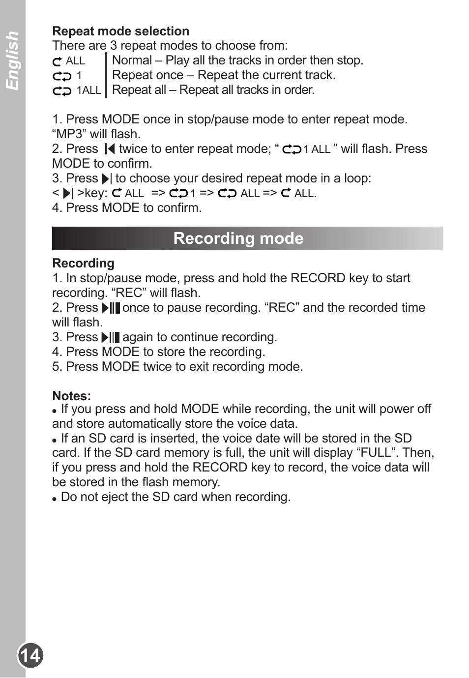 English, Recording mode | Lexibook DMP63BB User Manual | Page 14 / 51