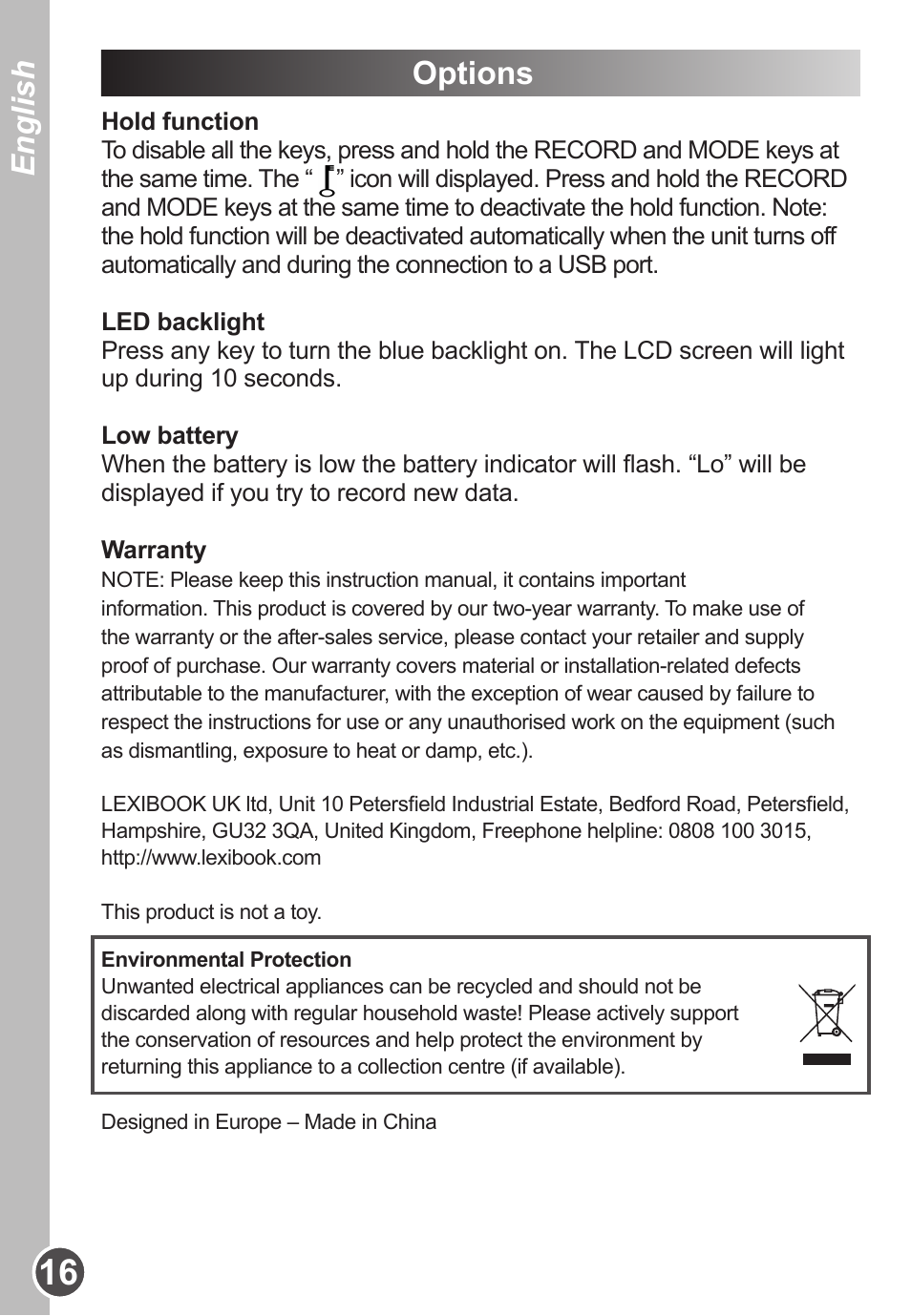 English, Options | Lexibook DMP63BB User Manual | Page 16 / 51