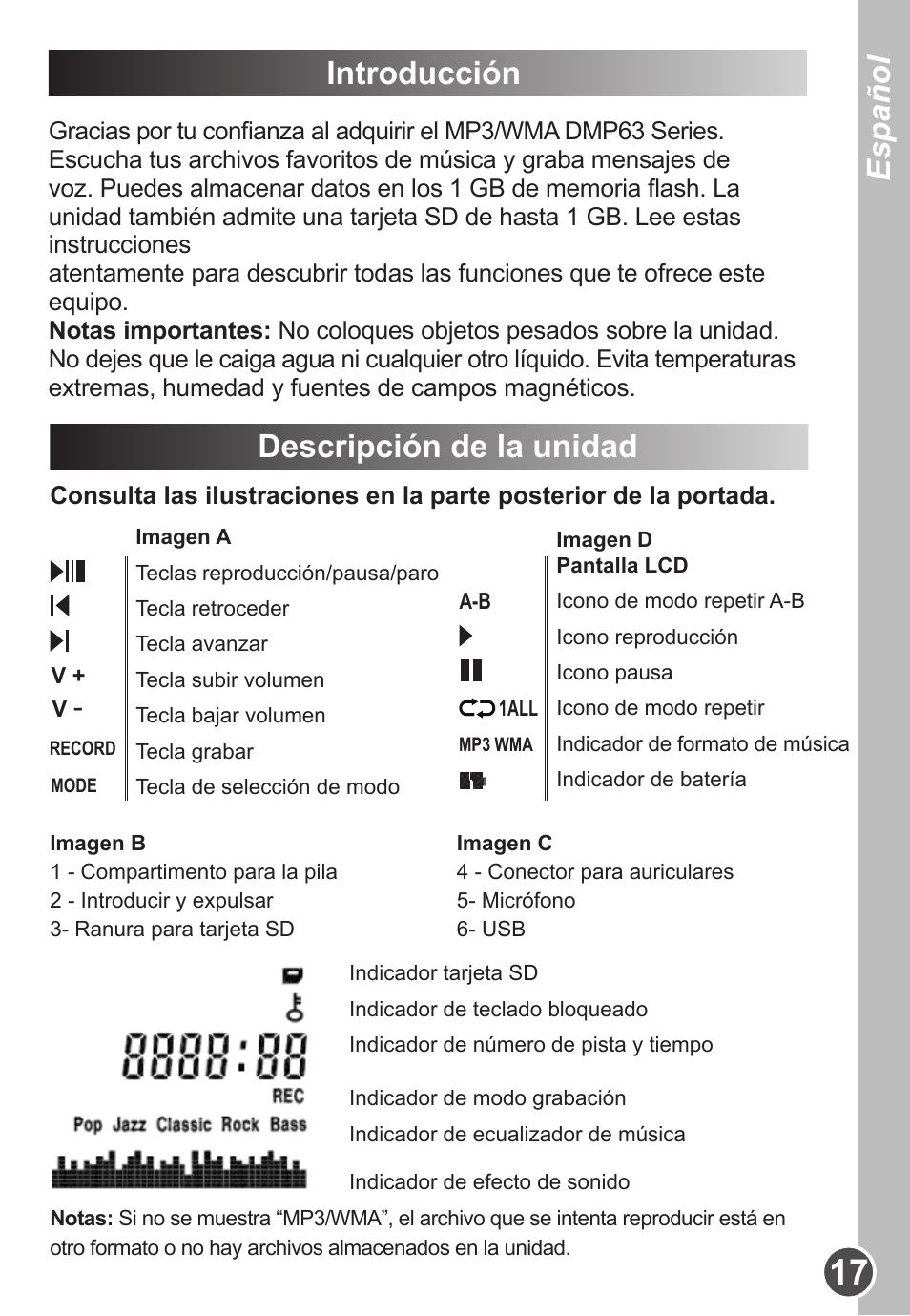 Español, Introducción, Descripción de la unidad | Lexibook DMP63BB User Manual | Page 17 / 51