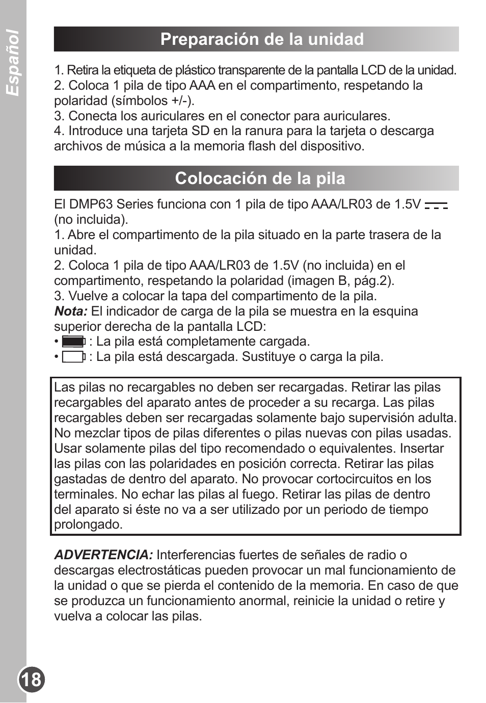 Español preparación de la unidad, Colocación de la pila | Lexibook DMP63BB User Manual | Page 18 / 51