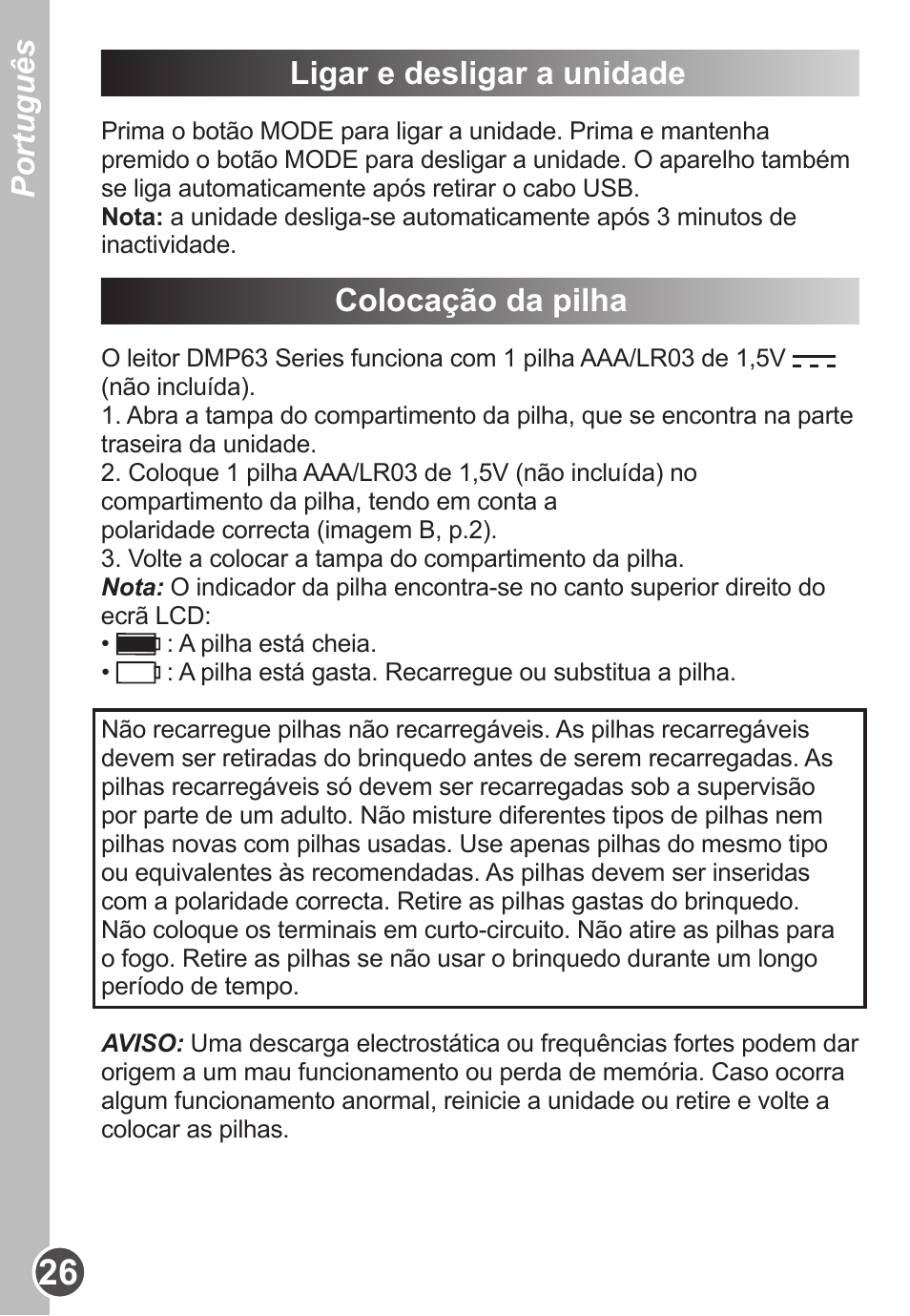 Português ligar e desligar a unidade, Colocação da pilha | Lexibook DMP63BB User Manual | Page 26 / 51