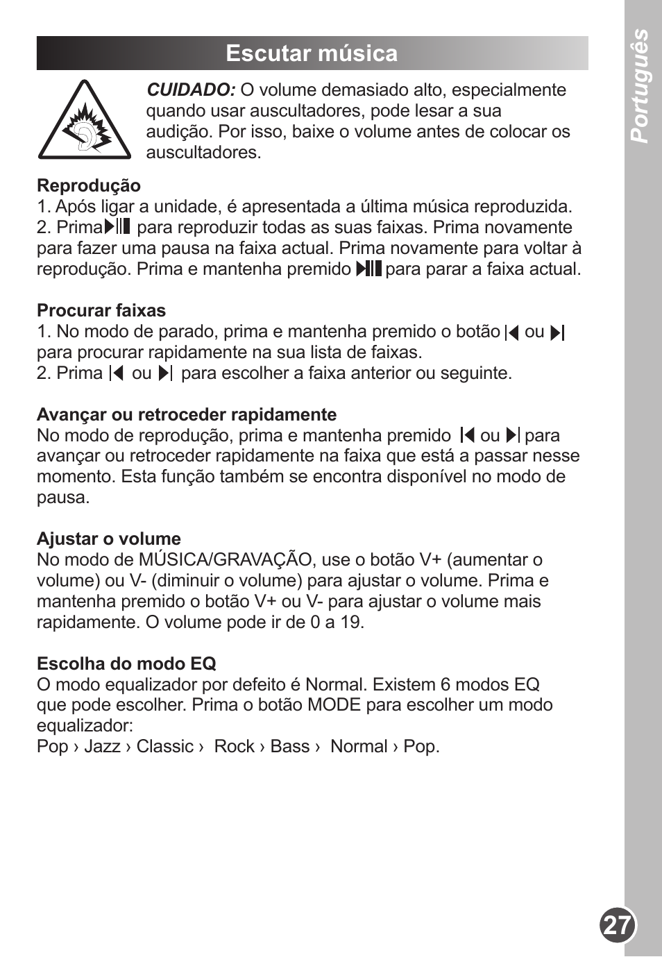 Português, Escutar música | Lexibook DMP63BB User Manual | Page 27 / 51