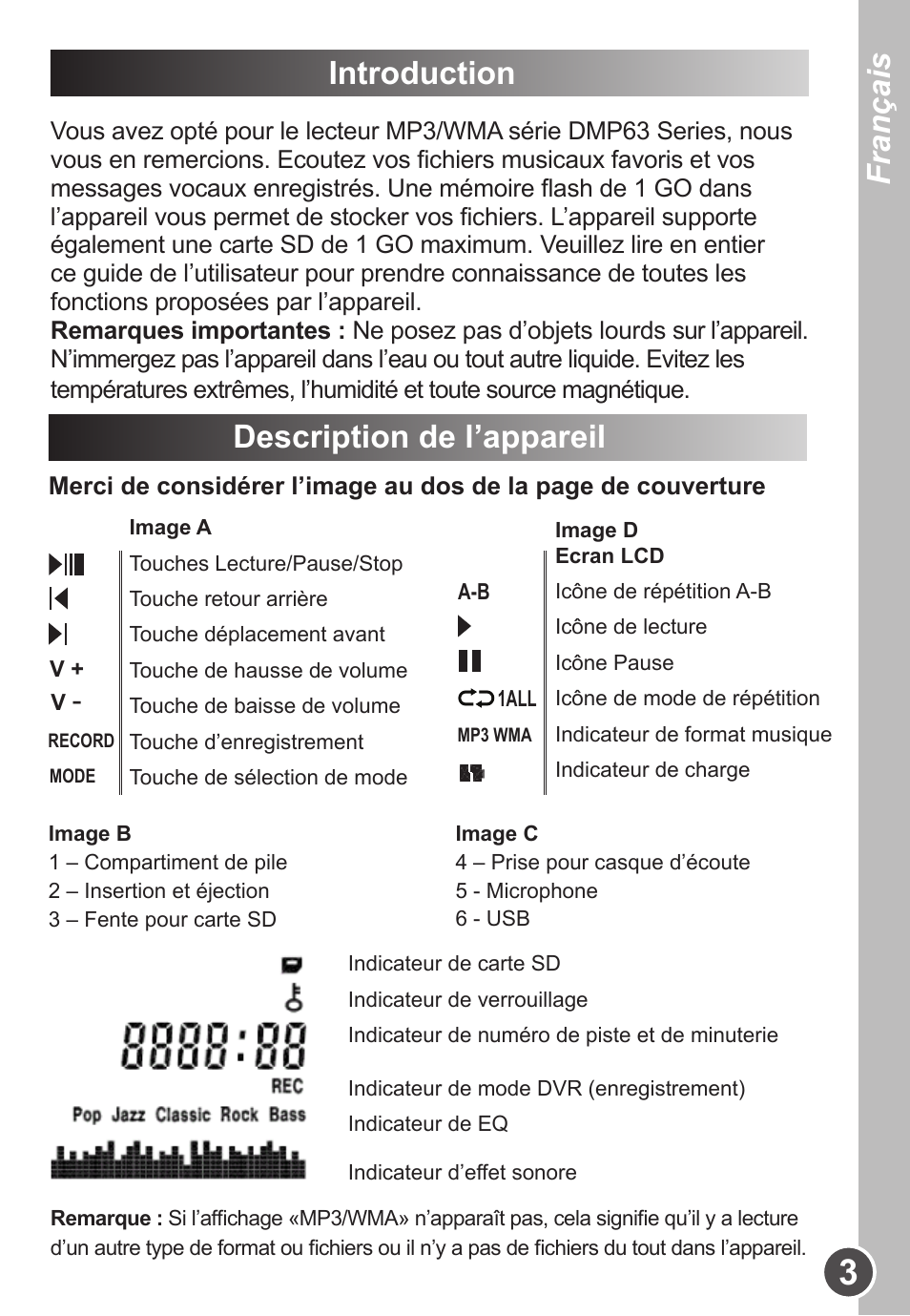Français, Introduction, Description de l’appareil | Lexibook DMP63BB User Manual | Page 3 / 51