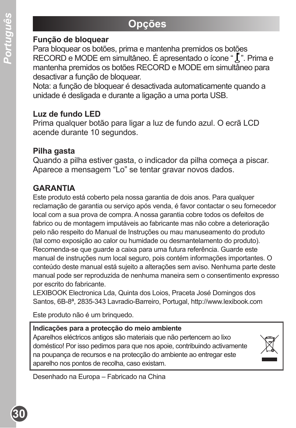 Português, Opções | Lexibook DMP63BB User Manual | Page 30 / 51