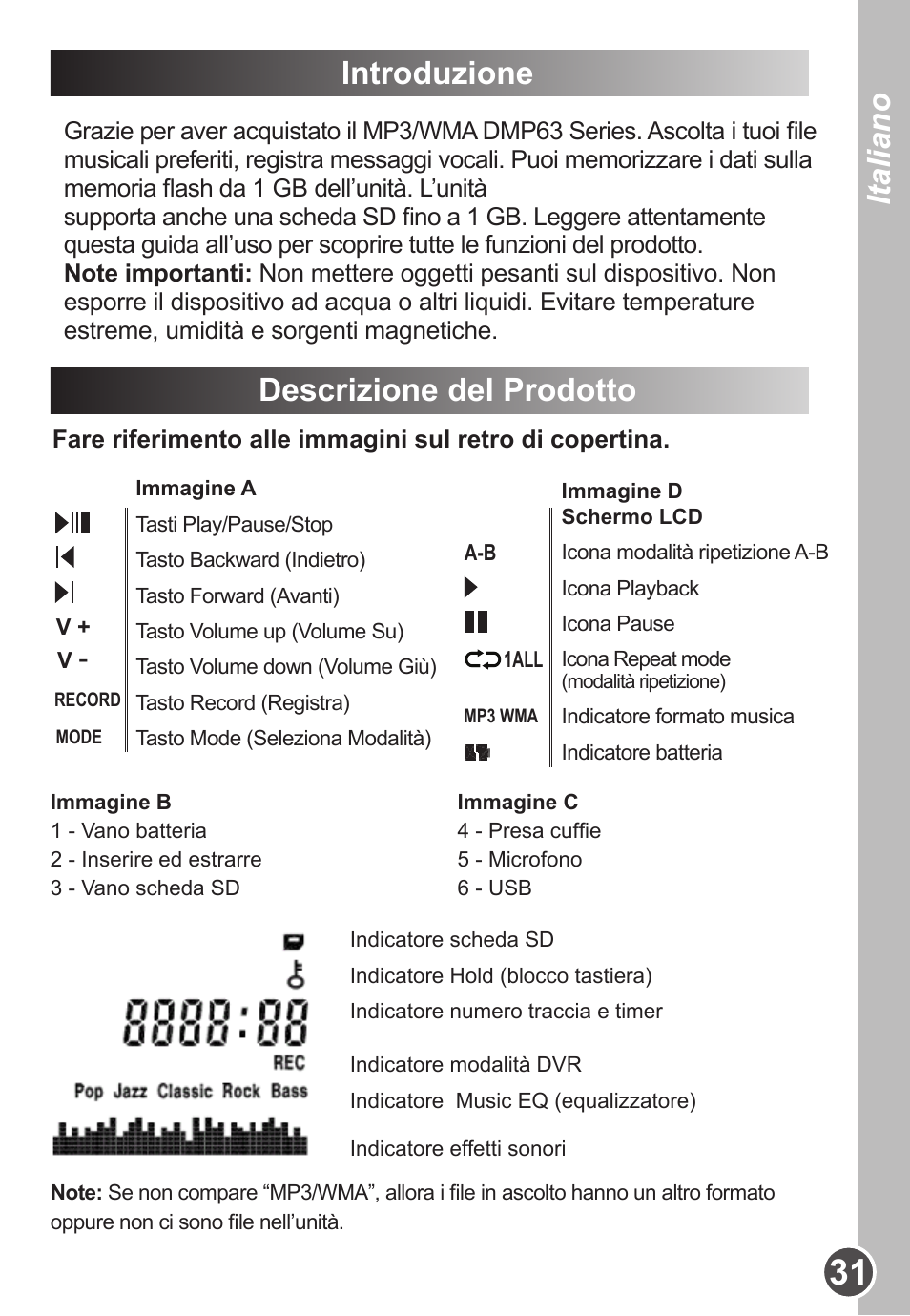 Italiano, Introduzione, Descrizione del prodotto | Lexibook DMP63BB User Manual | Page 31 / 51