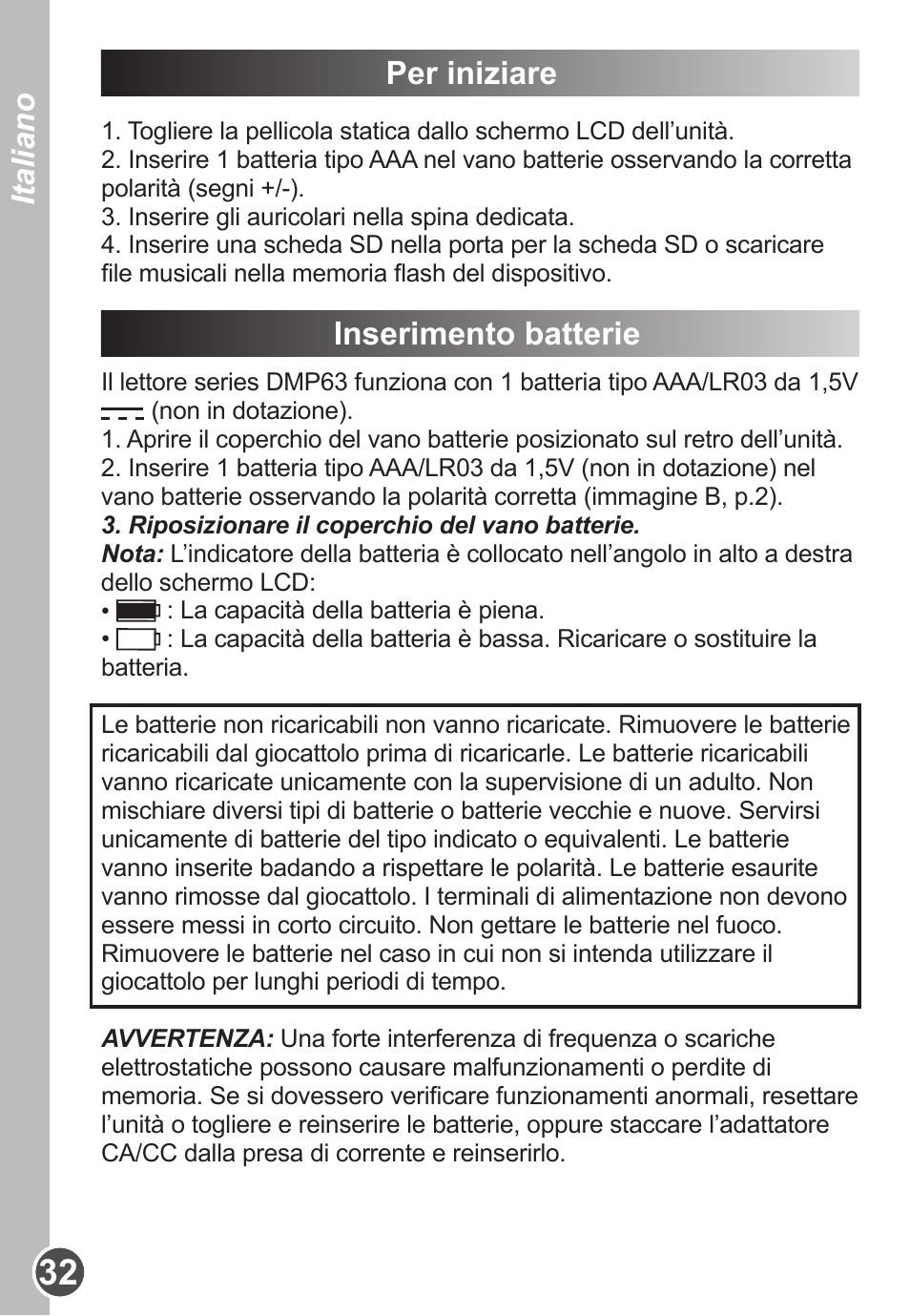 Italiano per iniziare, Inserimento batterie | Lexibook DMP63BB User Manual | Page 32 / 51