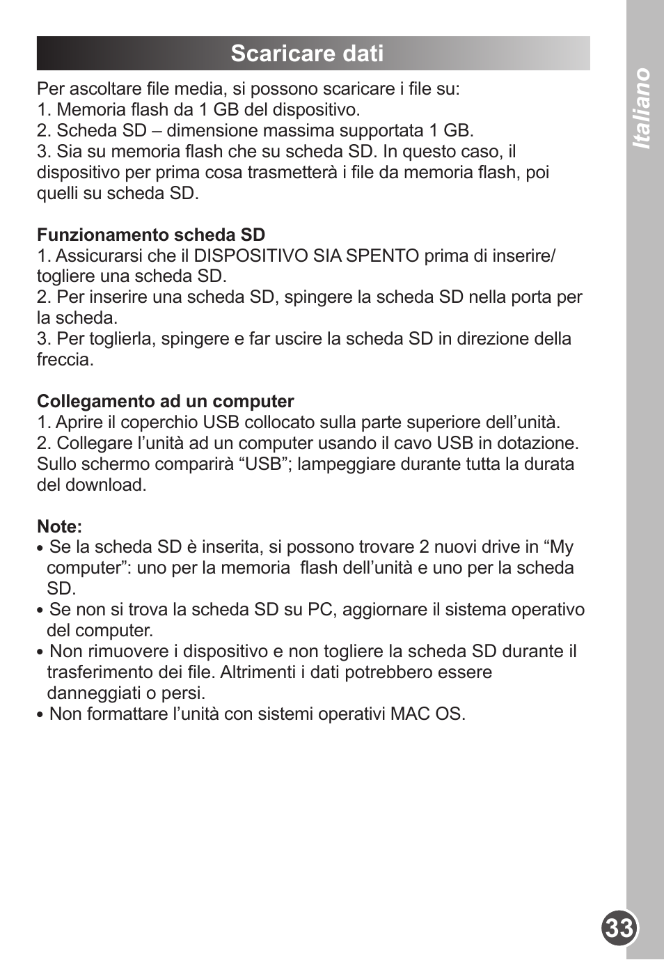 Italiano, Scaricare dati | Lexibook DMP63BB User Manual | Page 33 / 51