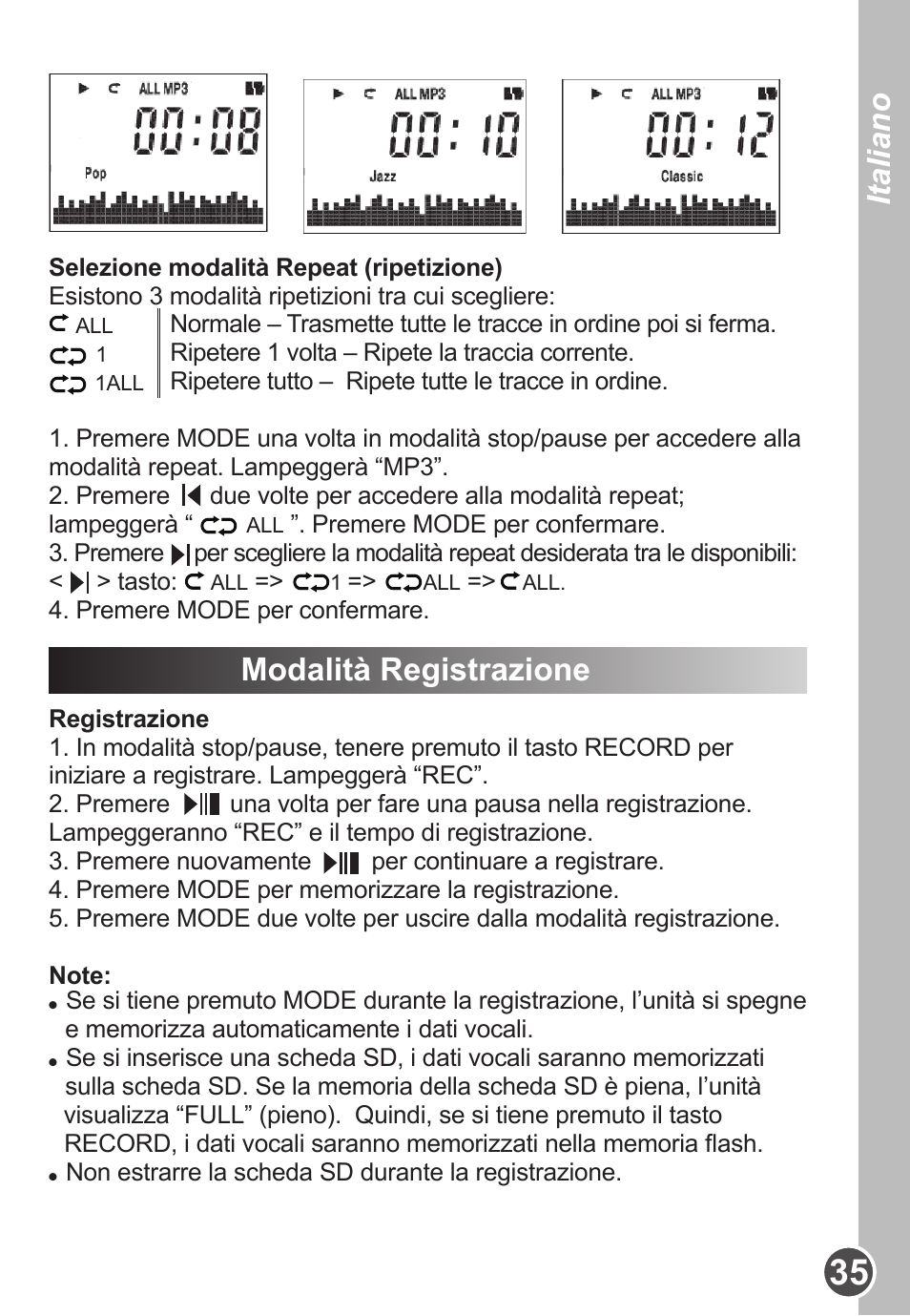 Italiano, Modalità registrazione | Lexibook DMP63BB User Manual | Page 35 / 51