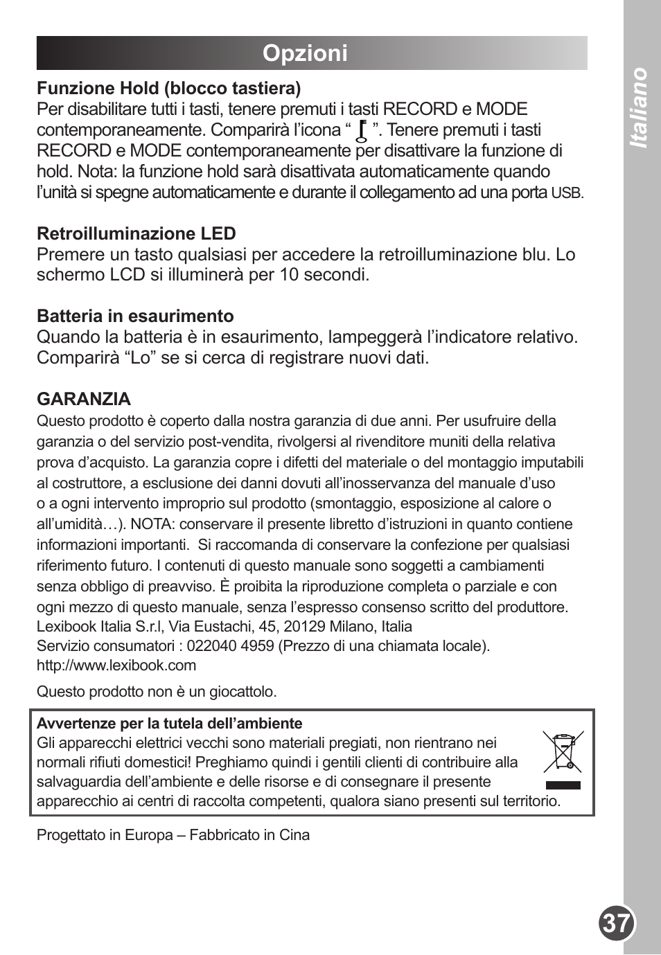 Italiano, Opzioni | Lexibook DMP63BB User Manual | Page 37 / 51