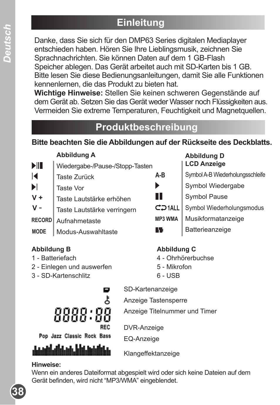 Deutsch einleitung, Produktbeschreibung | Lexibook DMP63BB User Manual | Page 38 / 51