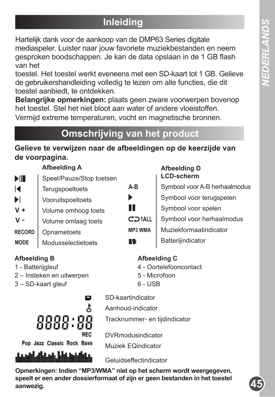 Nederlands, Inleiding, Omschrijving van het product | Lexibook DMP63BB User Manual | Page 45 / 51