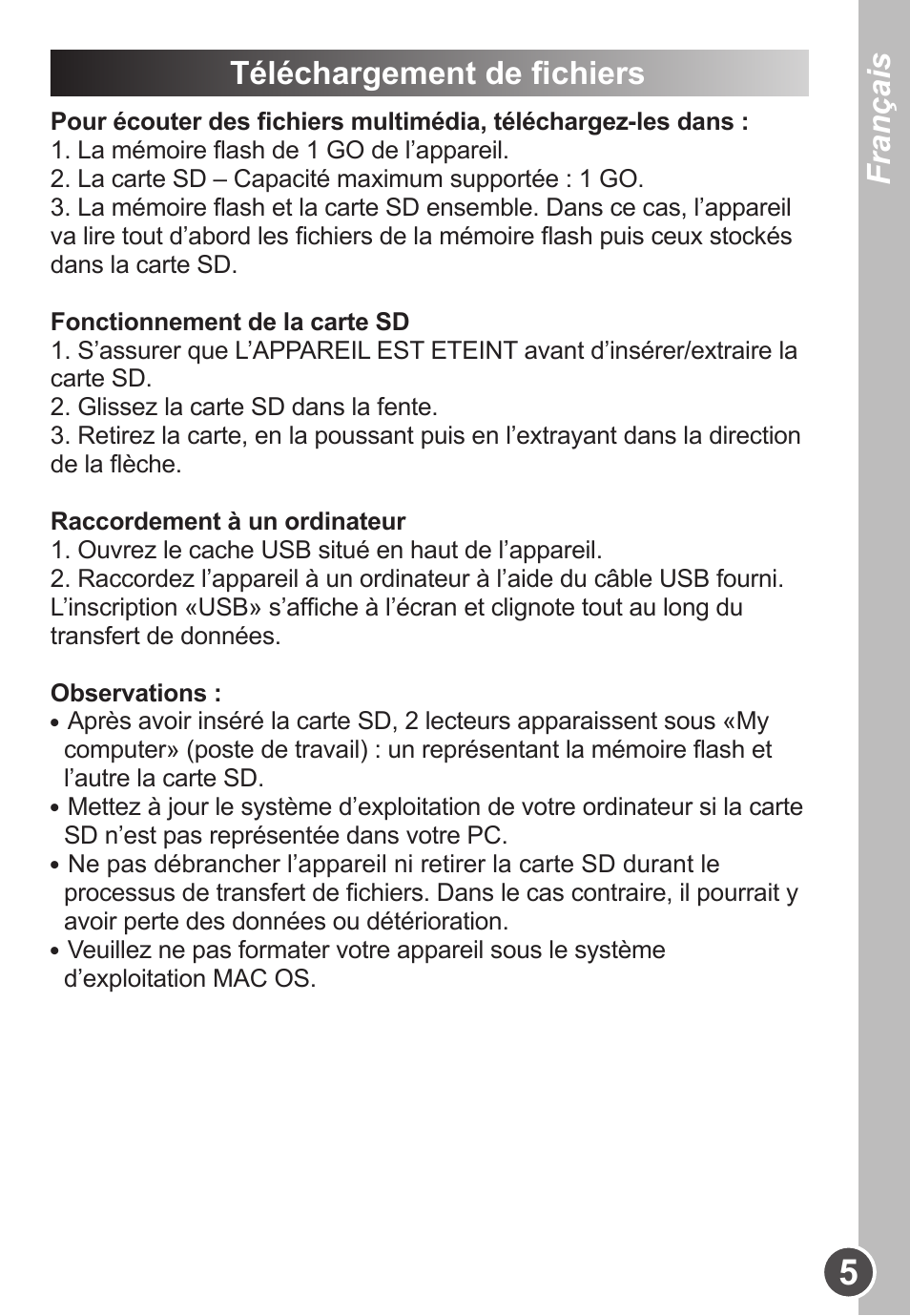 Français, Téléchargement de fichiers | Lexibook DMP63BB User Manual | Page 5 / 51