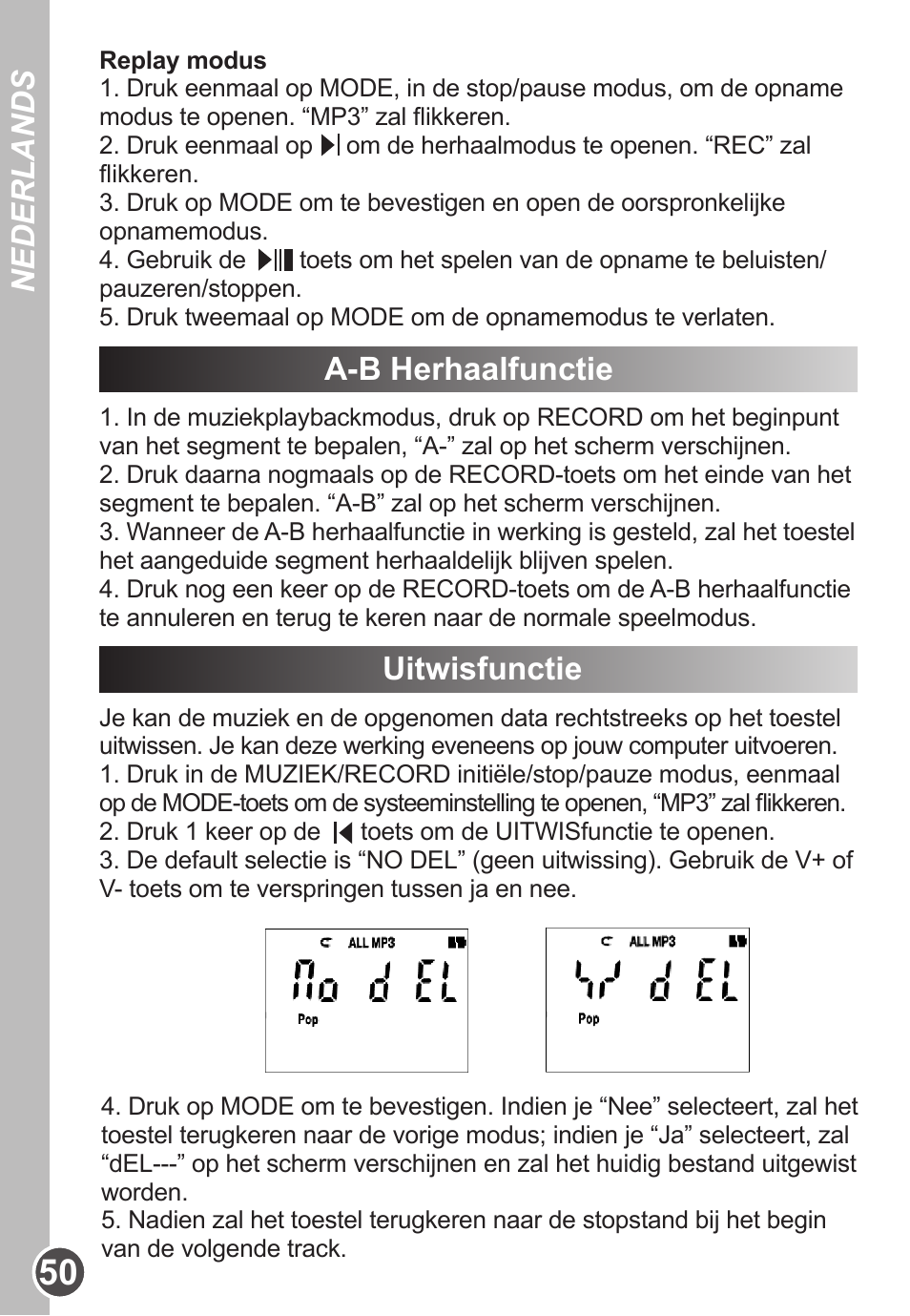 Nederlands, A-b herhaalfunctie, Uitwisfunctie | Lexibook DMP63BB User Manual | Page 50 / 51