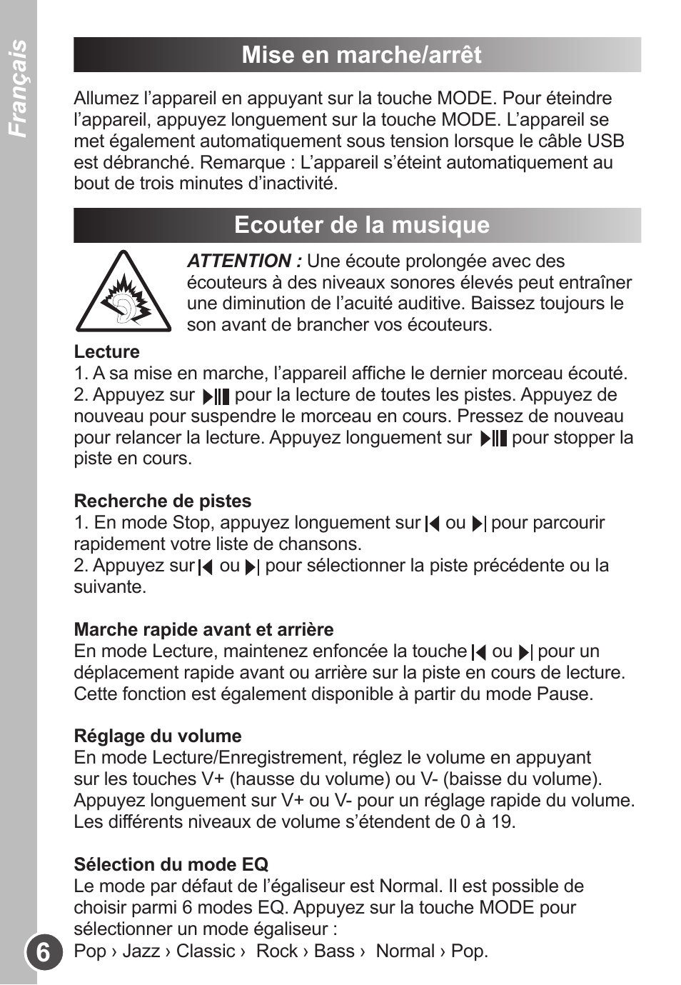 Français mise en marche/arrêt, Ecouter de la musique | Lexibook DMP63BB User Manual | Page 6 / 51