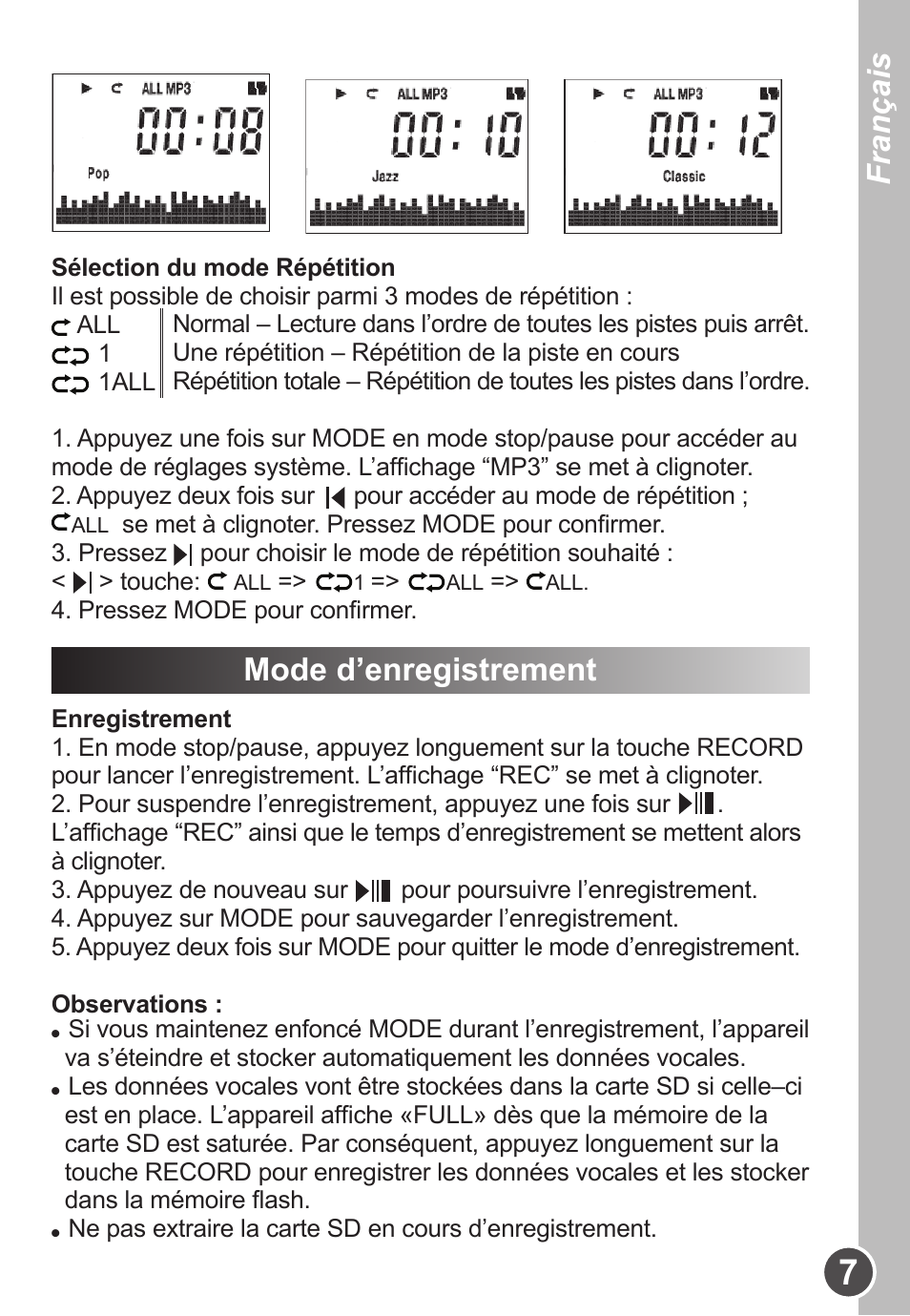 Français, Mode d’enregistrement | Lexibook DMP63BB User Manual | Page 7 / 51