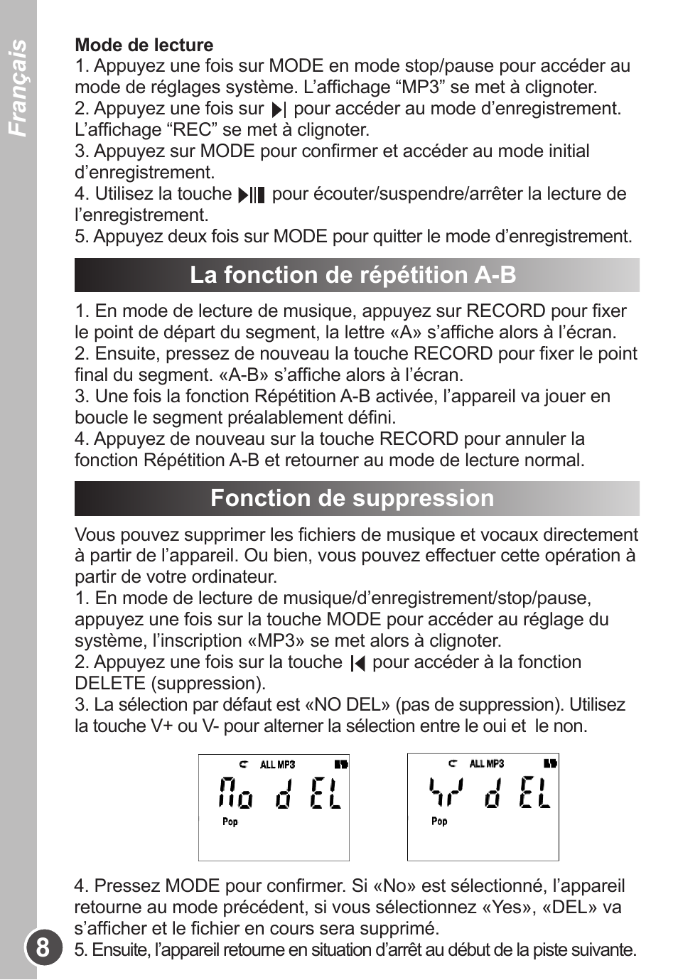 Français, La fonction de répétition a-b, Fonction de suppression | Lexibook DMP63BB User Manual | Page 8 / 51