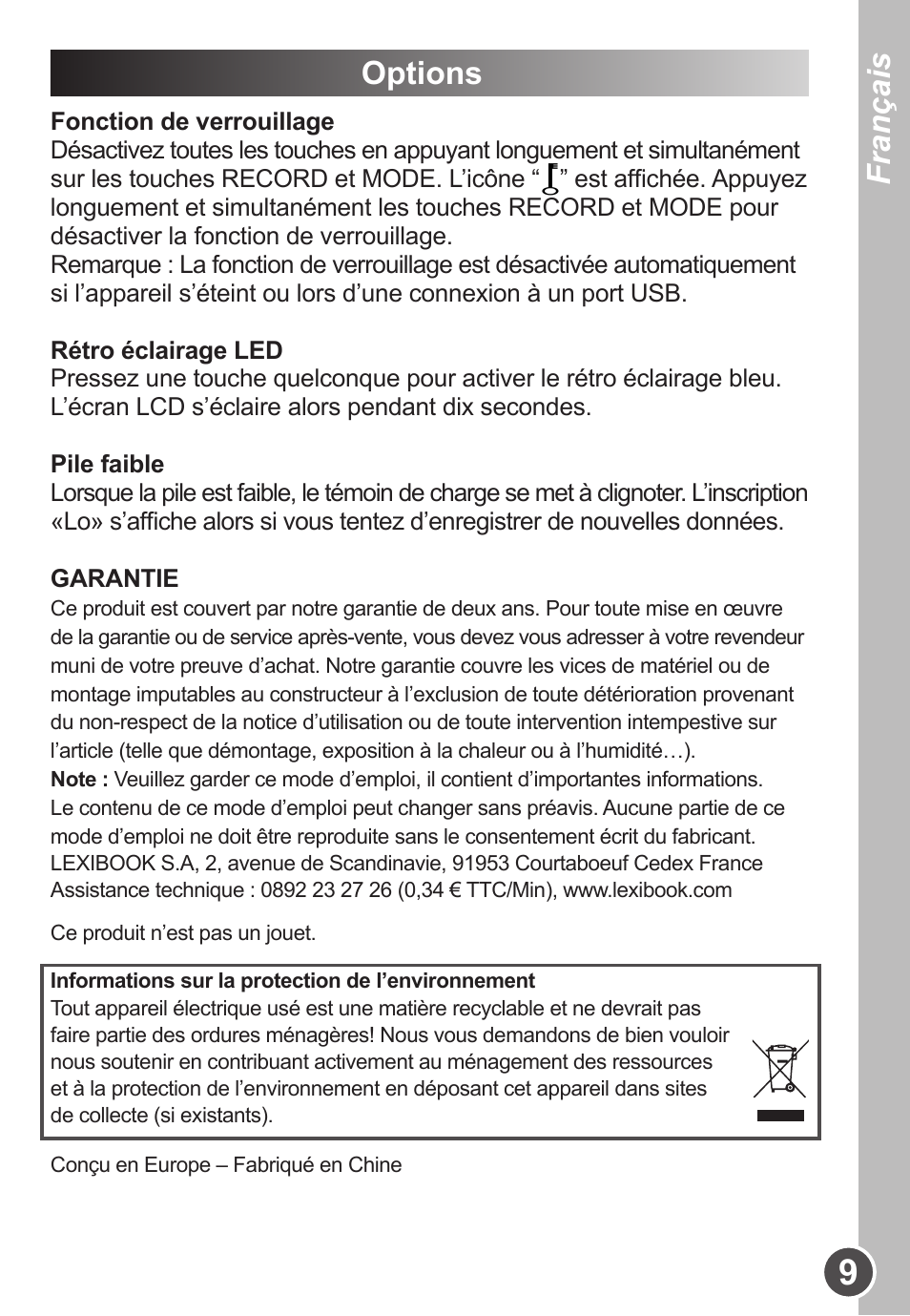 Français, Options | Lexibook DMP63BB User Manual | Page 9 / 51