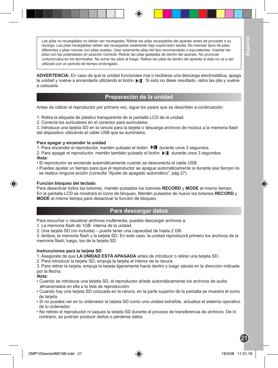 Preparación de la unidad, Para descargar datos | Lexibook DMP103SP User Manual | Page 21 / 66