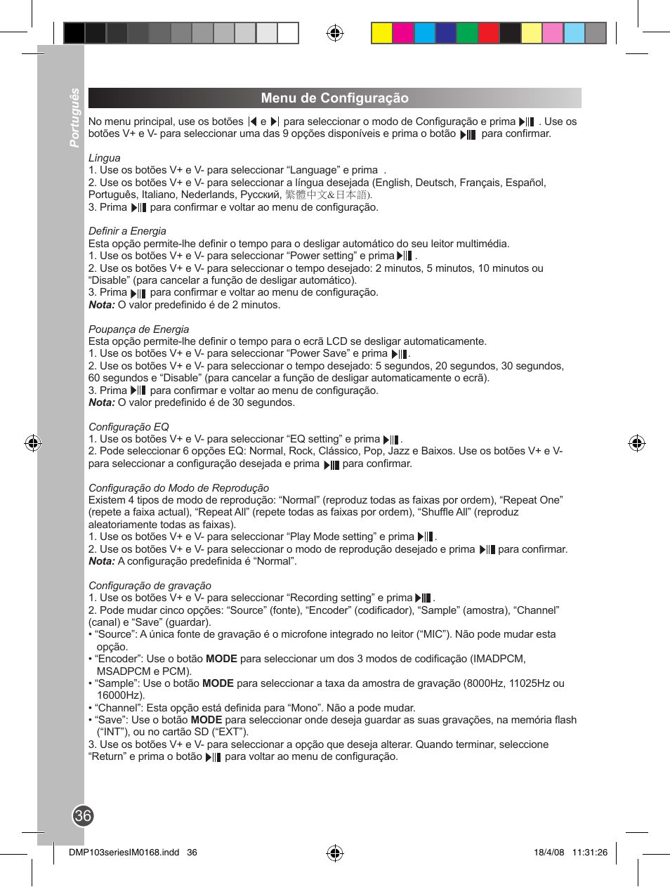 Menu de configuração | Lexibook DMP103SP User Manual | Page 36 / 66