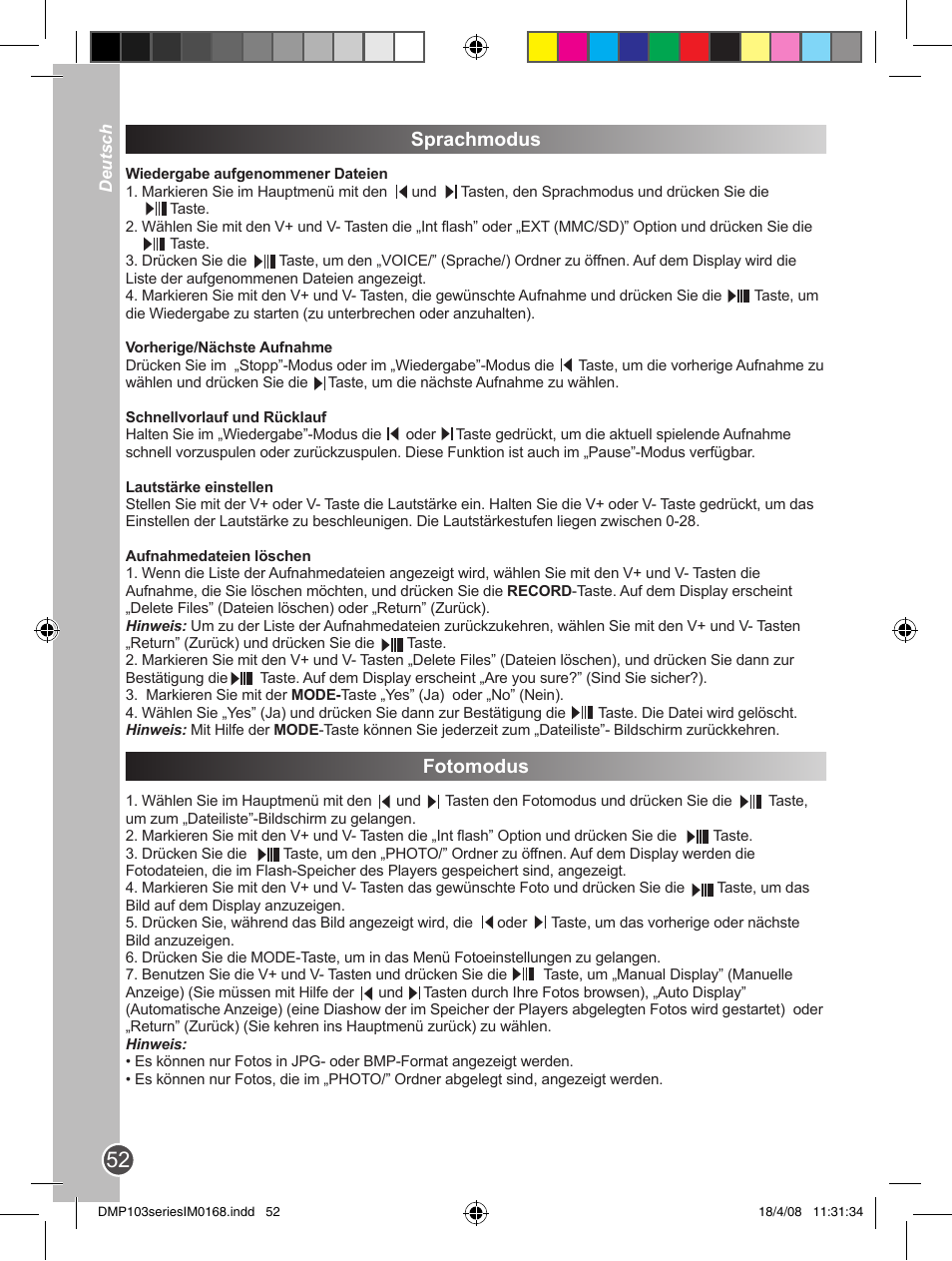 Sprachmodus, Fotomodus | Lexibook DMP103SP User Manual | Page 52 / 66