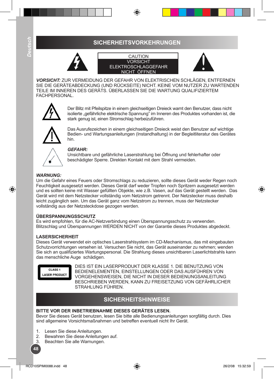 Sicherheitsvorkehrungen, Sicherheitshinweise | Lexibook RCD10SP User Manual | Page 48 / 58
