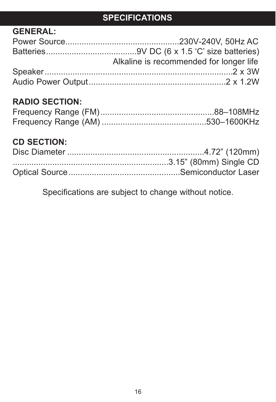 Lexibook RCD100DC User Manual | Page 16 / 18