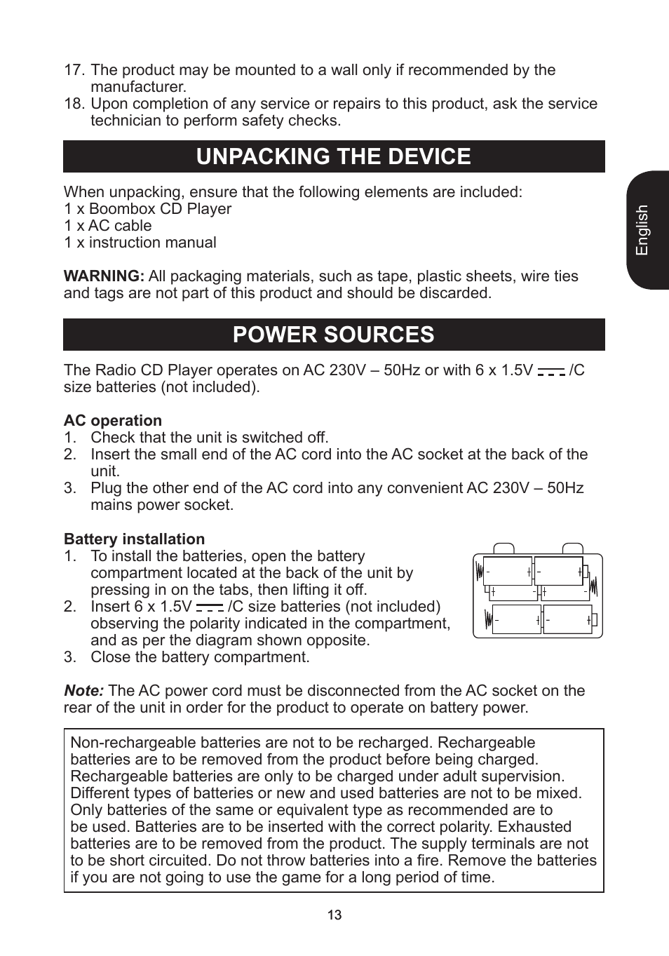 Unpacking the device power sources | Lexibook RCD102TF User Manual | Page 13 / 60