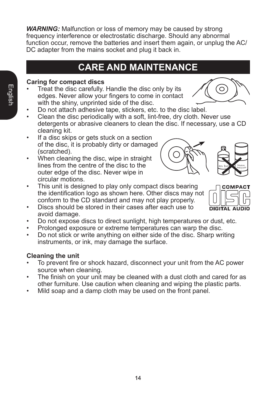 Care and maintenance | Lexibook RCD102TF User Manual | Page 14 / 60