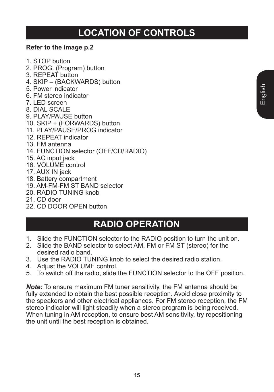 Location of controls radio operation | Lexibook RCD102TF User Manual | Page 15 / 60
