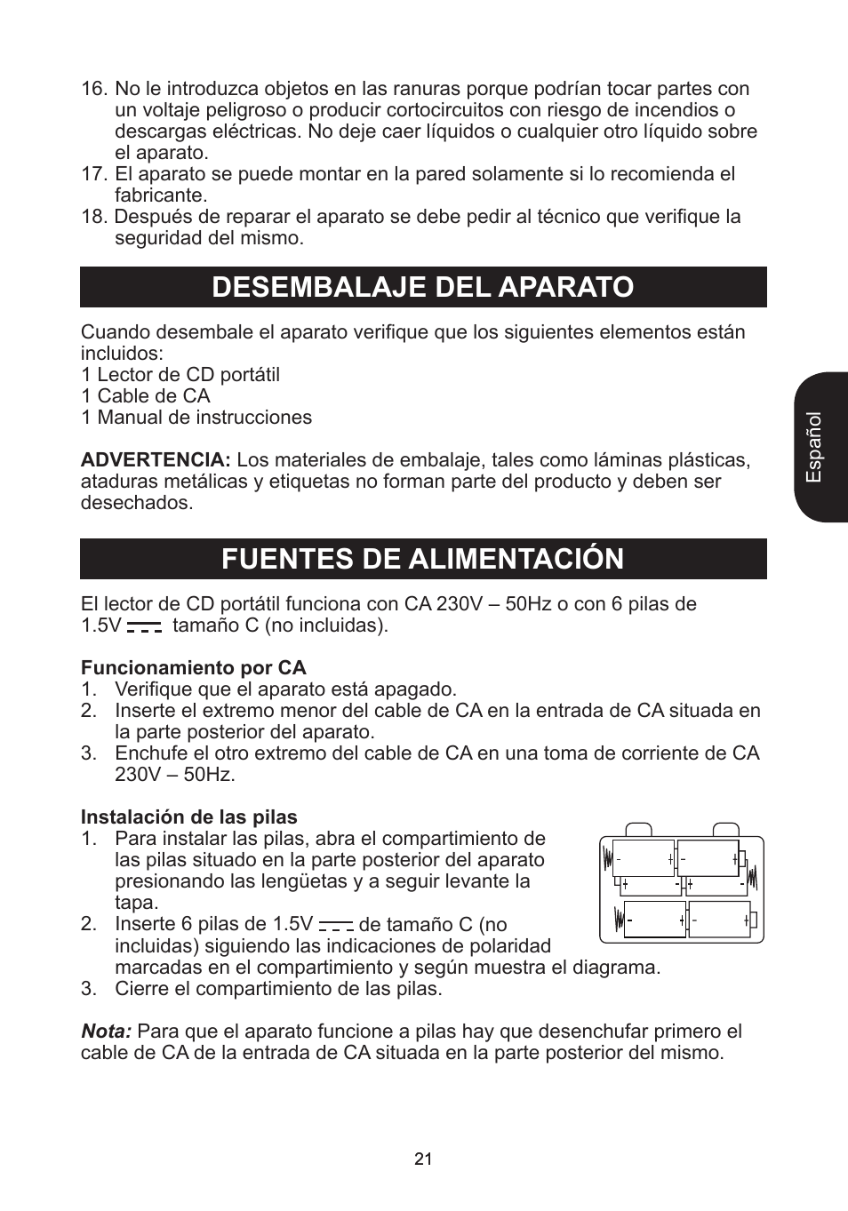 Desembalaje del aparato fuentes de alimentación | Lexibook RCD102TF User Manual | Page 21 / 60