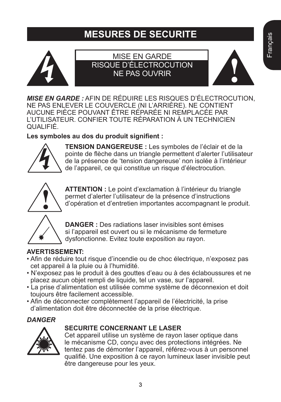Mesures de securite | Lexibook RCD102TF User Manual | Page 3 / 60