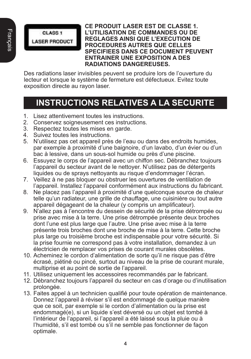 Instructions relatives a la securite | Lexibook RCD102TF User Manual | Page 4 / 60